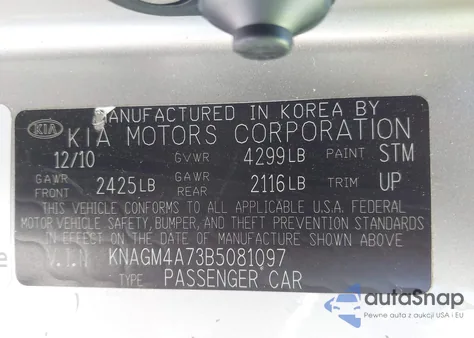 2011 Kia Optima Lx z USA, uszkodzony, nr VIN KNAGM4A73B5081097